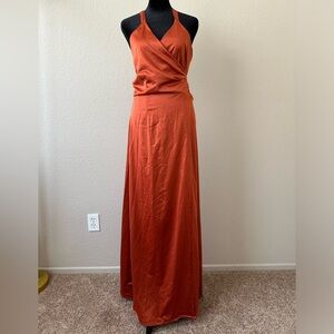 MEGNYA, Women's Spaghetti Strap V Neck Backless Side Slit Satin Long Dress. L,